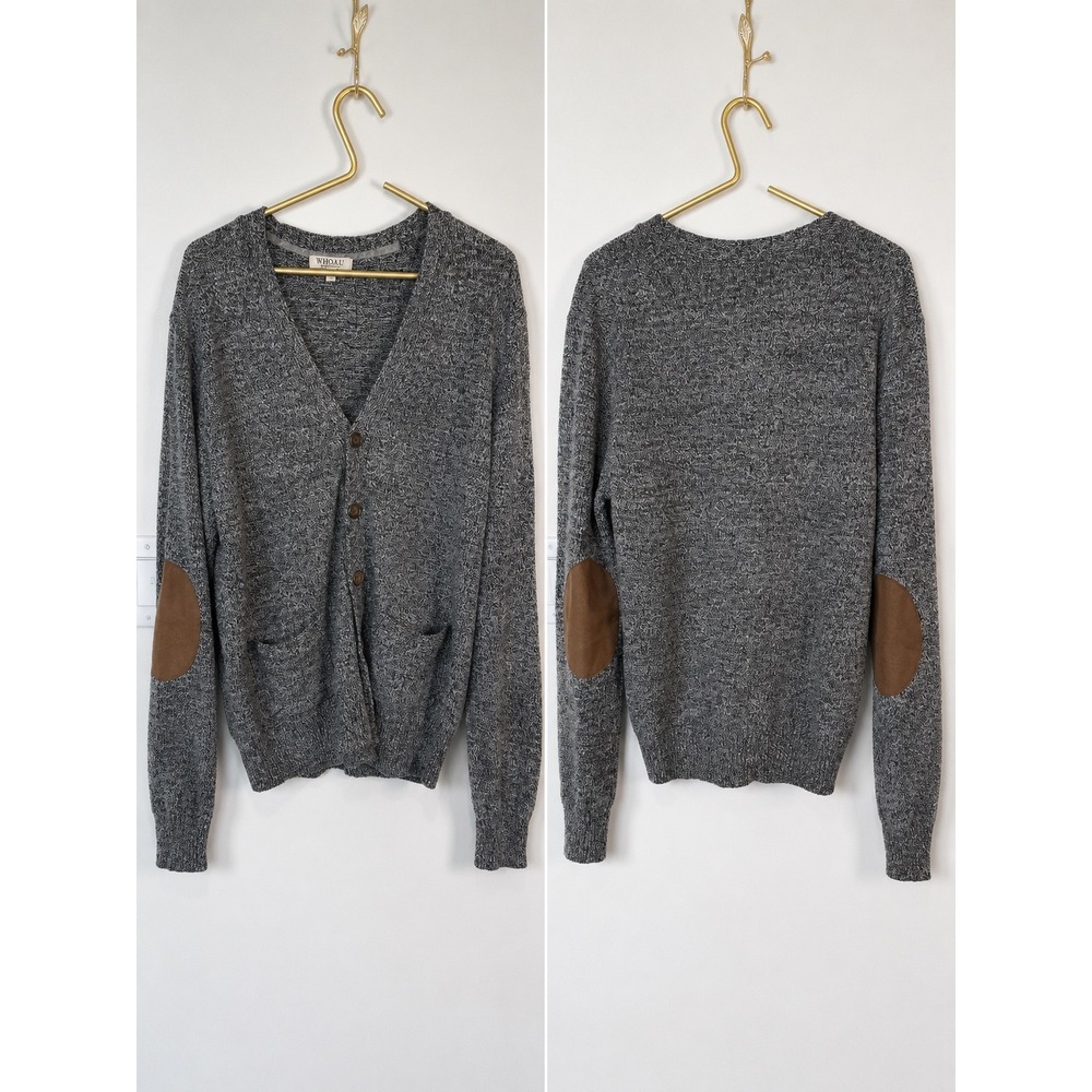 WHO.A.U Wool Cardigan L Gray Elbow Patch Dark Academia Grandpa Preppy‎